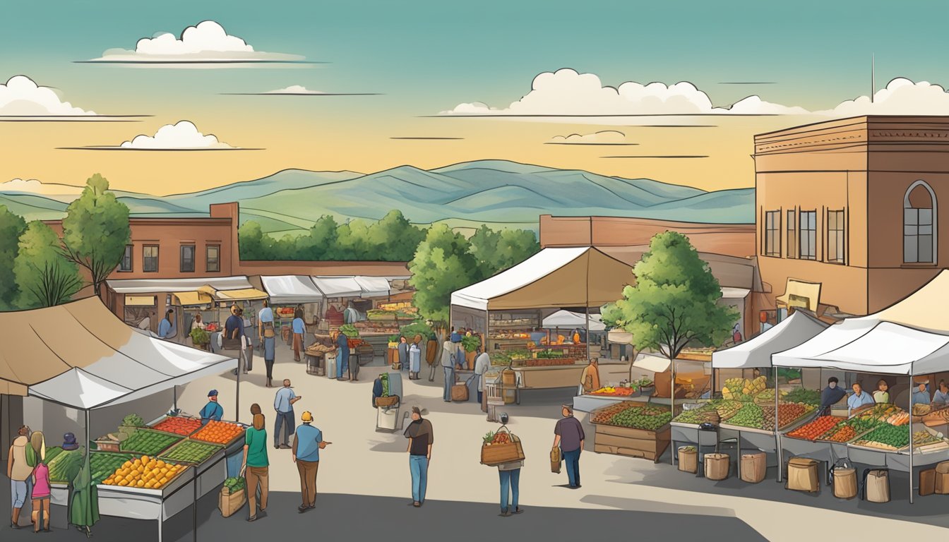 A bustling farmers' market with diverse local produce, vendors, and shoppers, set against the backdrop of the scenic Billings, MT landscape