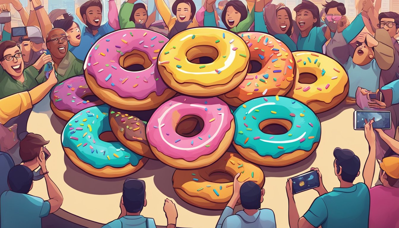 A colorful array of oversized doughnuts piled high on a table, surrounded by a crowd of onlookers cheering and taking photos