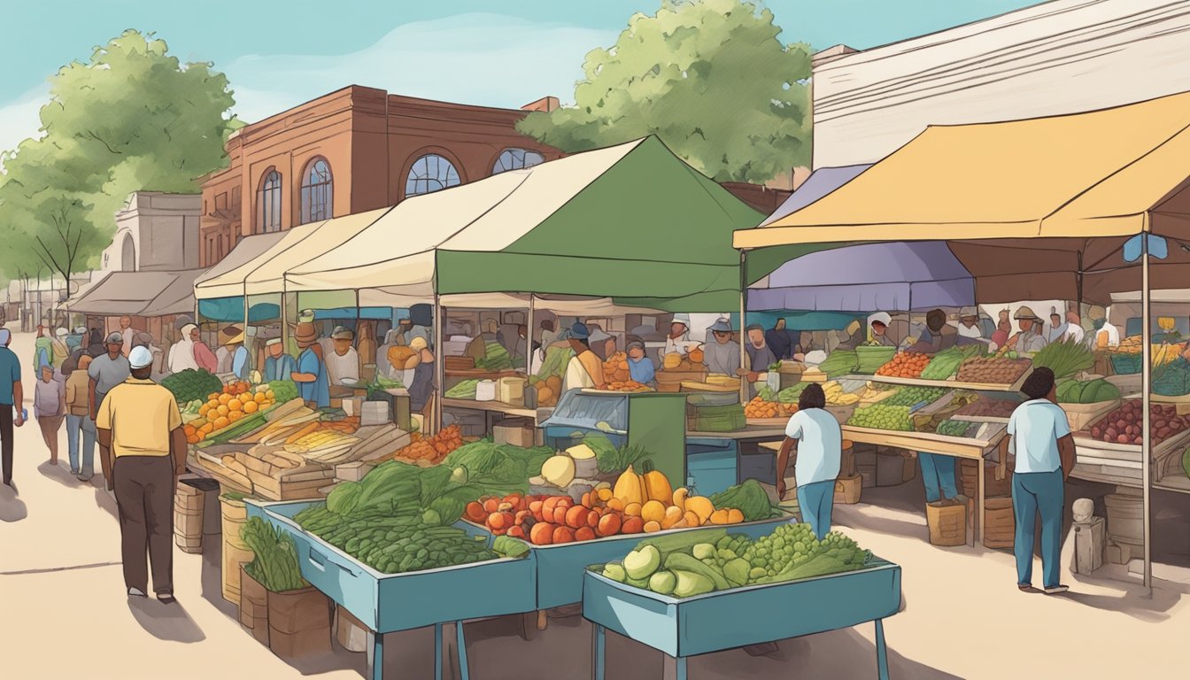 A bustling farmers market with vendors selling fresh produce, homemade goods, and artisanal crafts in Abilene, TX