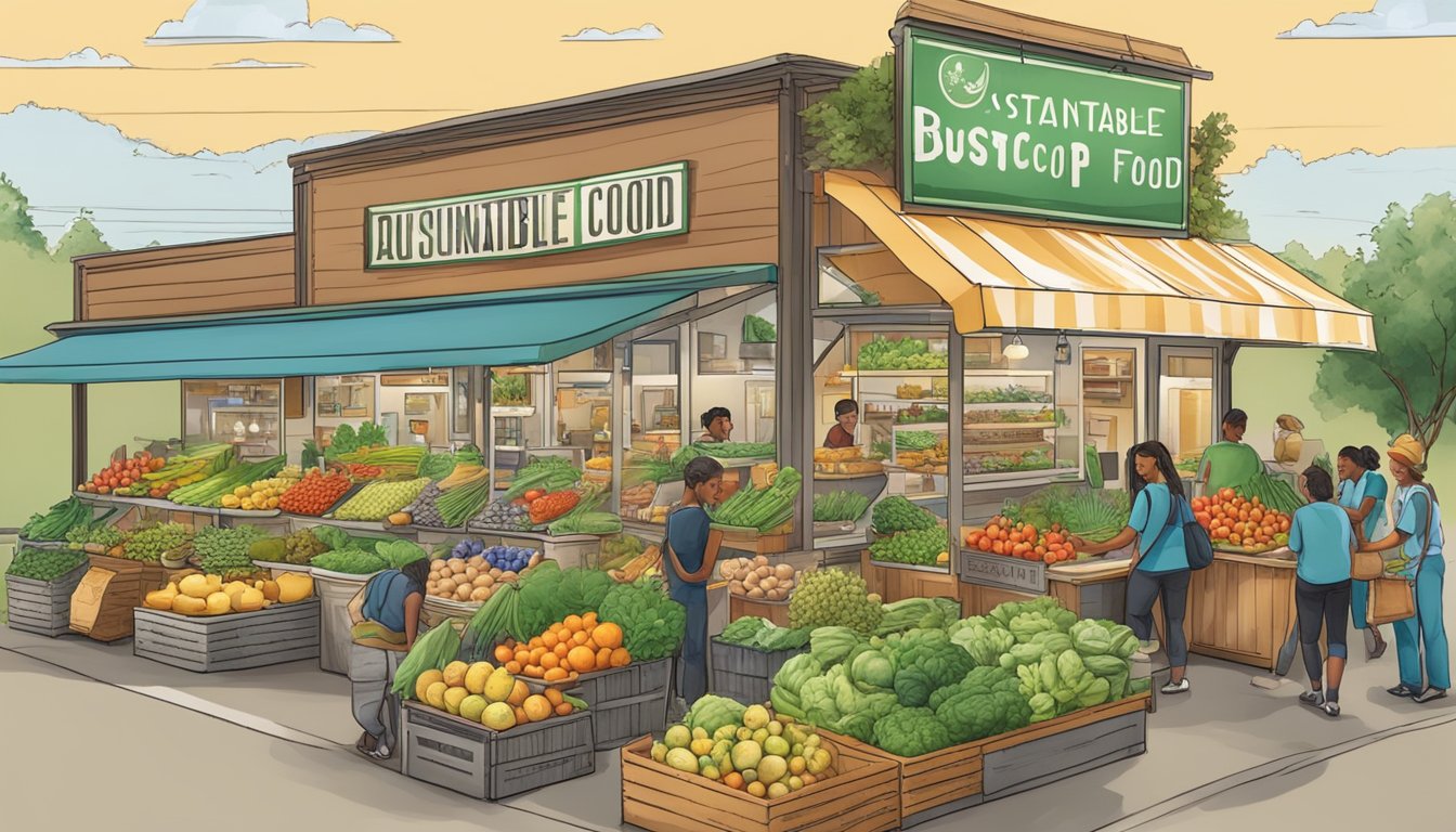 A bustling local food coop with colorful produce, friendly staff, and eco-friendly signage promoting sustainable agriculture practices