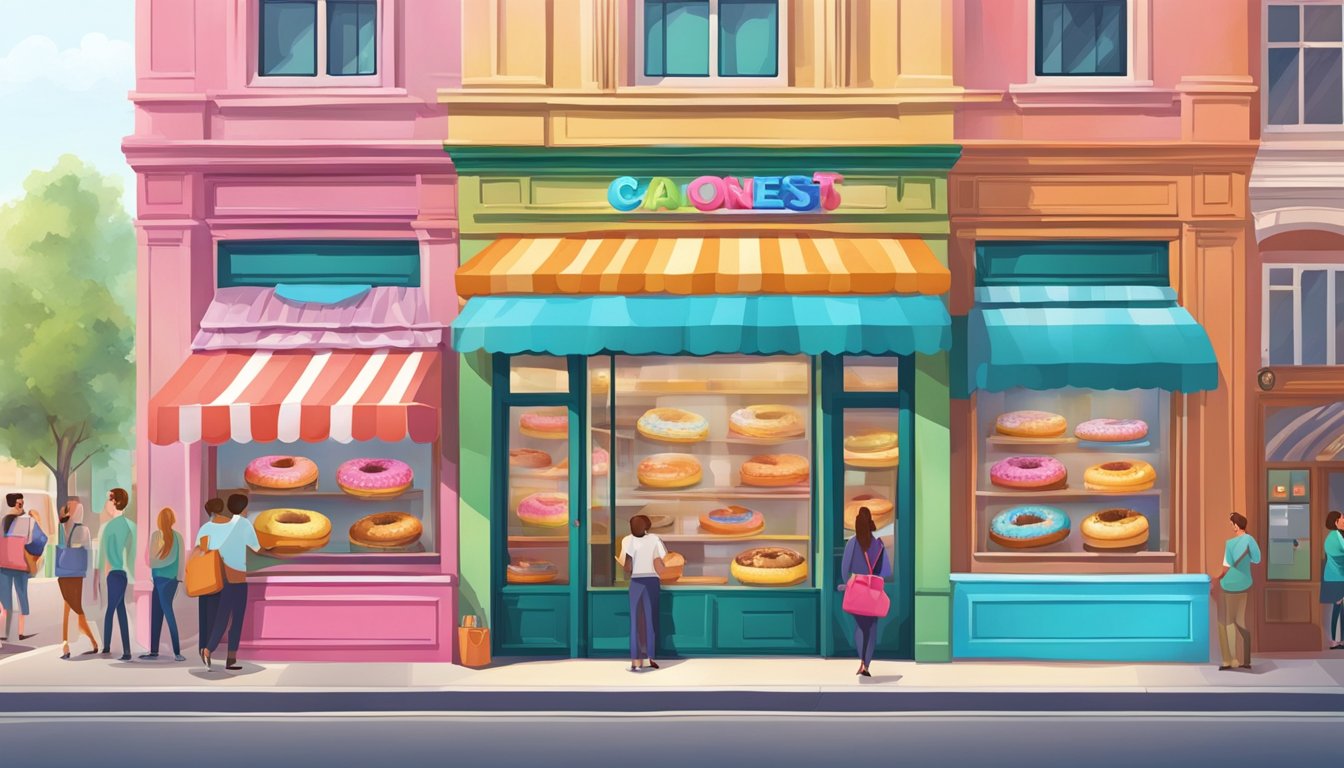 A colorful storefront with a giant donut on top, surrounded by a line of eager customers