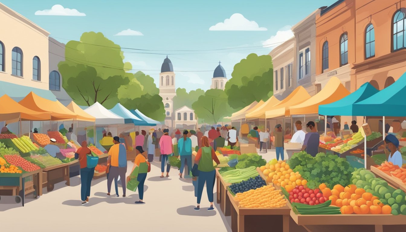 A bustling farmers market with colorful produce and friendly vendors, surrounded by a diverse community coming together to support local food initiatives in College Station, TX