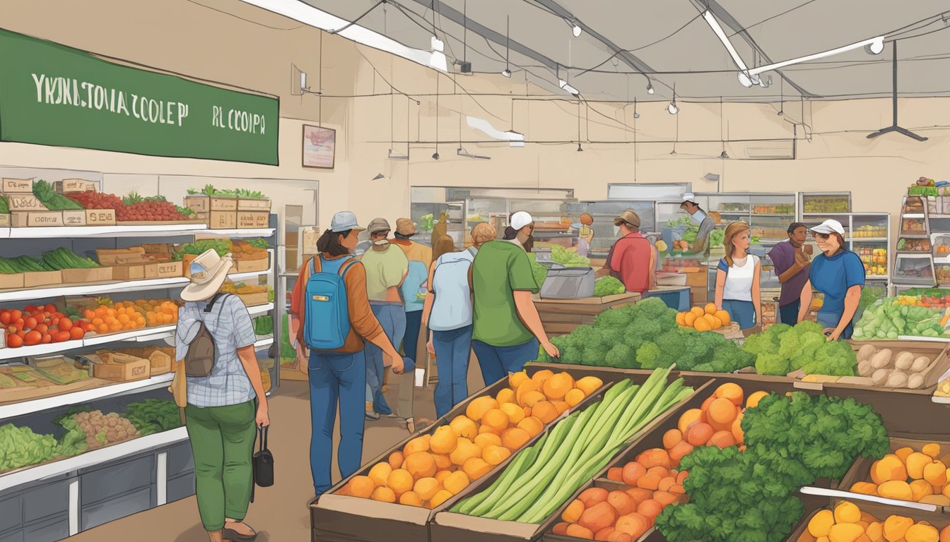 A bustling local food coop in Abilene, TX, filled with fresh produce, artisanal goods, and friendly vendors. Customers browse the shelves and chat with farmers