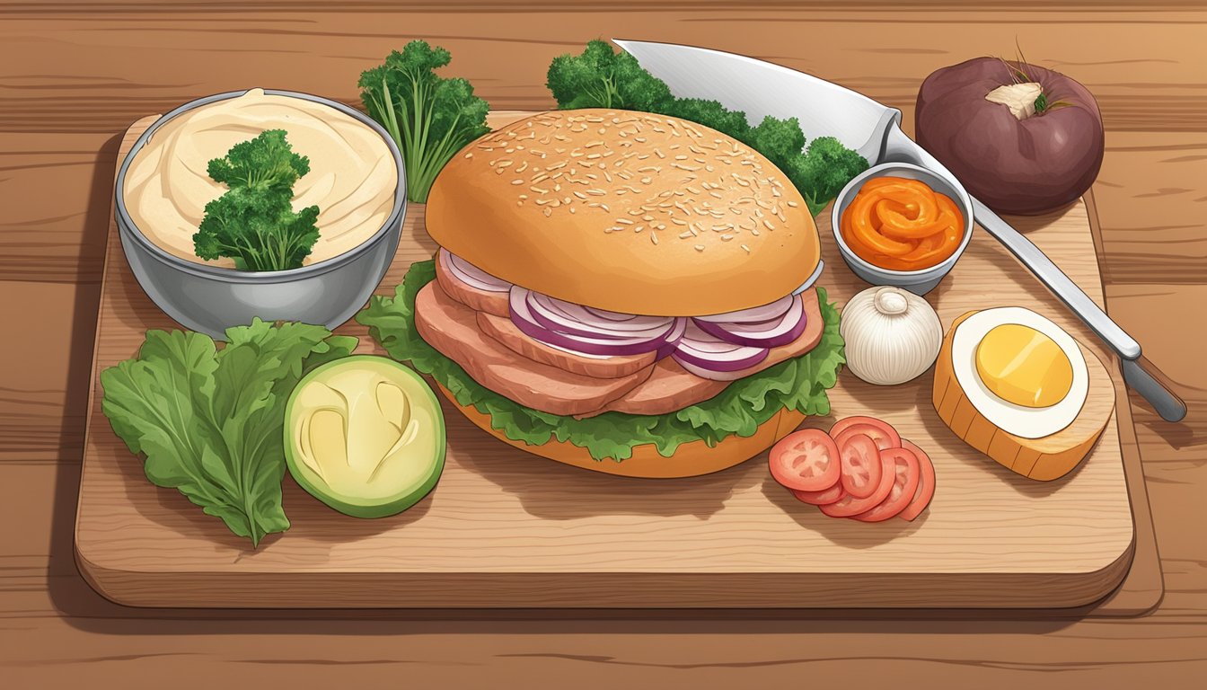 A pork roll sandwich being assembled with ingredients on a cutting board