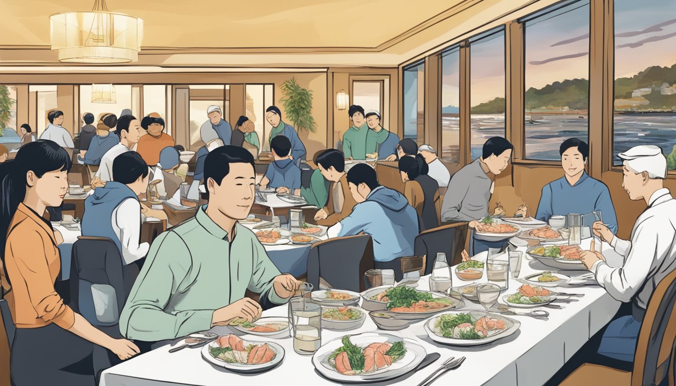 A table set with fresh geoduck sashimi, surrounded by eager diners in a bustling Washington seafood restaurant