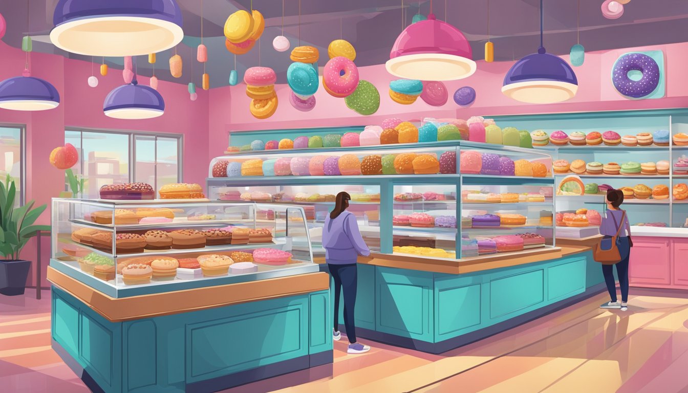 A colorful, bustling doughnut shop with a variety of unique and indulgent treats on display. Safety signs and hand sanitizer stations are prominently placed throughout the space