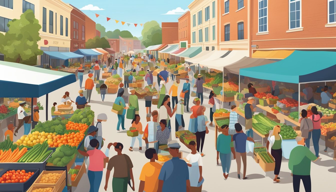 A bustling farmers' market with vendors selling fresh produce and local goods, surrounded by a diverse community of people enjoying the vibrant atmosphere