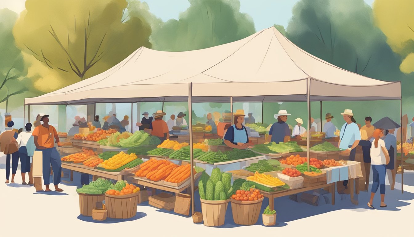 Local farmers market with colorful produce, artisanal goods, and homemade treats displayed on tables under a canopy. Customers chat with vendors