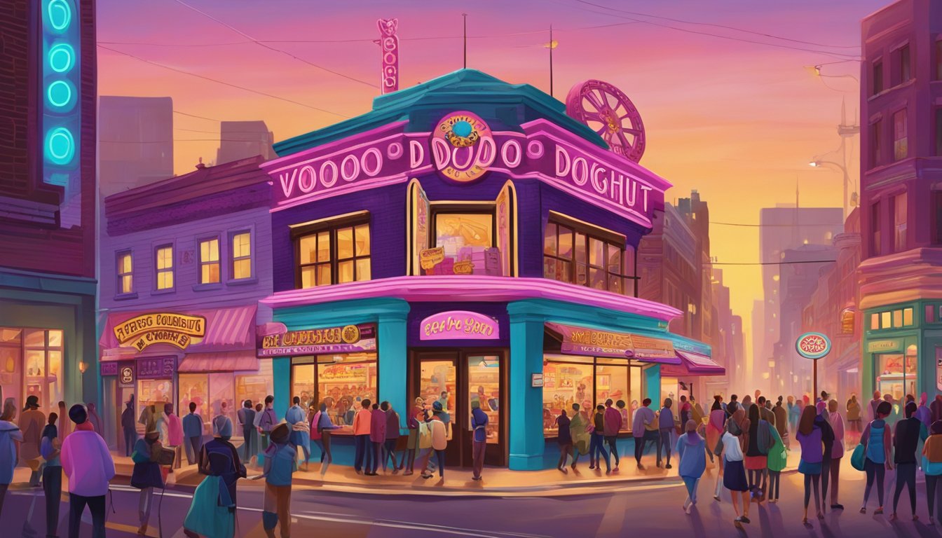 A colorful and bustling street scene with the iconic Voodoo Doughnut shop as the focal point, surrounded by a diverse crowd enjoying the unique and quirky atmosphere