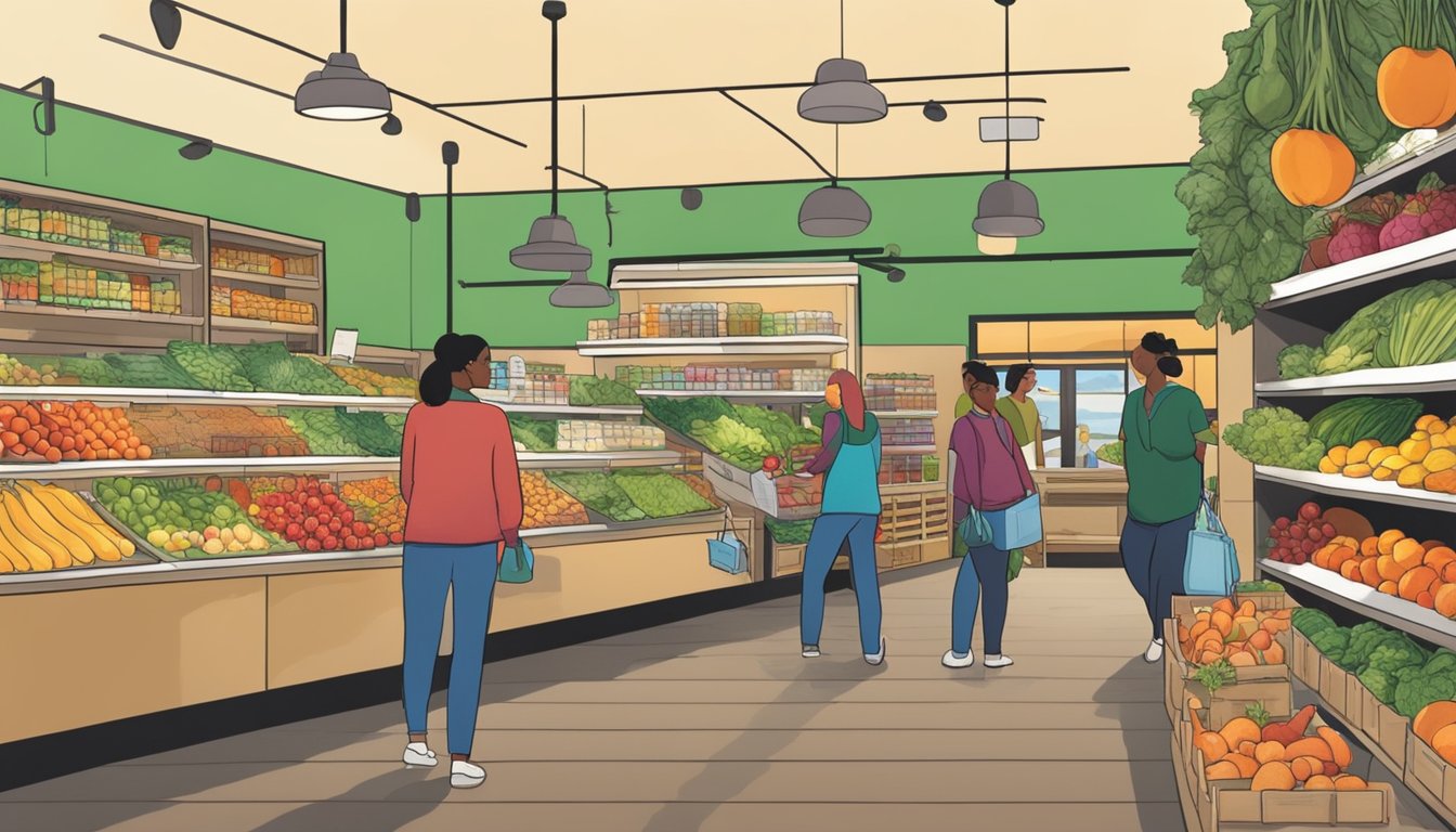 Customers browsing fresh produce at Tidal Creek Co-op, with colorful fruits and vegetables on display. Shelves stocked with local food products and a cozy, inviting atmosphere