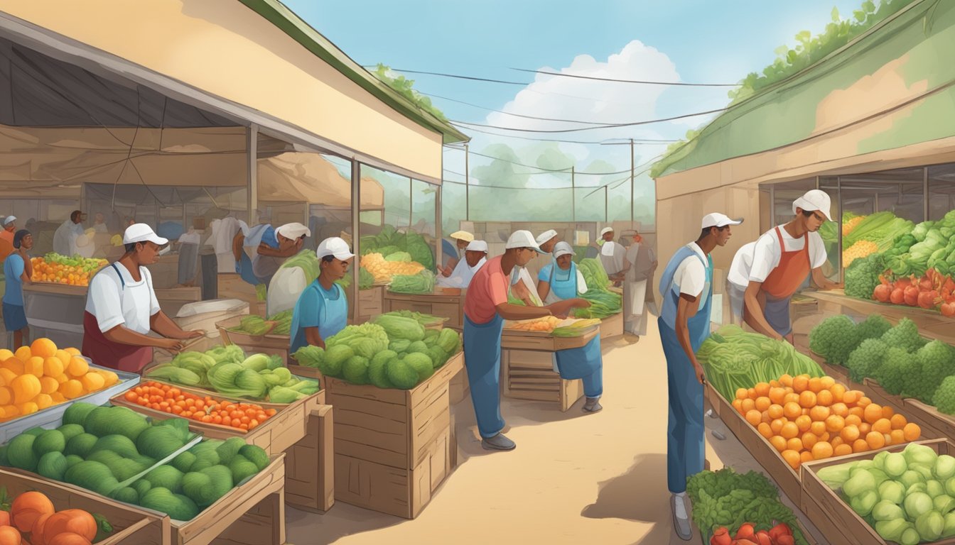 A bustling local food coop with farmers selling fresh produce and technology aiding in the cultivation process