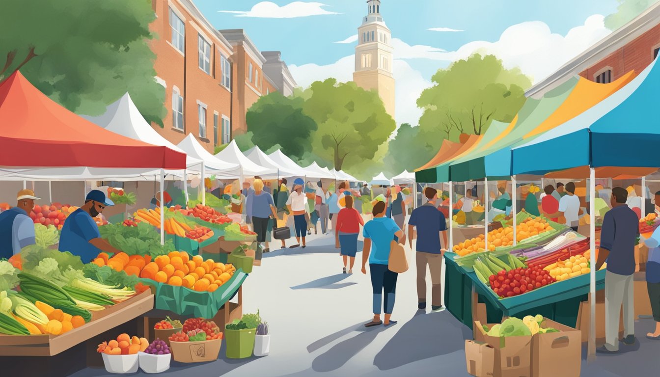 A bustling farmers' market with colorful stalls showcasing fresh fruits, vegetables, and other seasonal offerings from local producers in Wilmington, NC