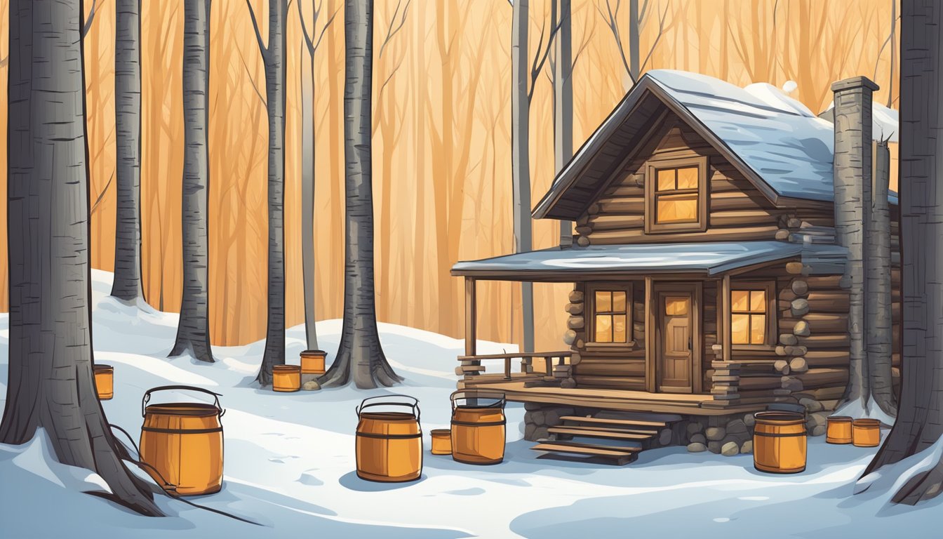 A rustic cabin in a maple forest surrounded by trees with buckets collecting sap. A pancake stack challenge table set with various flavors of maple syrup