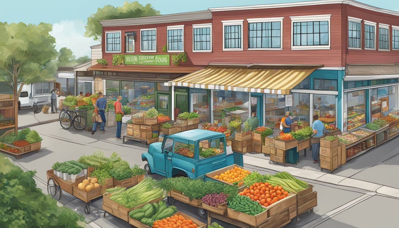 A bustling local food co-op in Wilmington, NC, with a variety of sustainable and ethically sourced produce, displayed in vibrant abundance