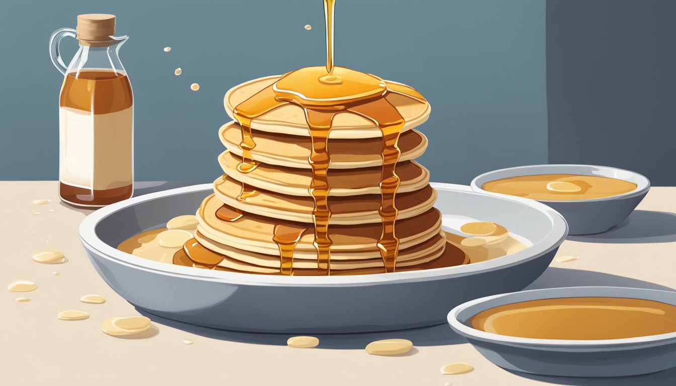 A tall stack of fluffy pancakes drizzled with maple syrup sits on a plate, with a small pool of syrup surrounding the base