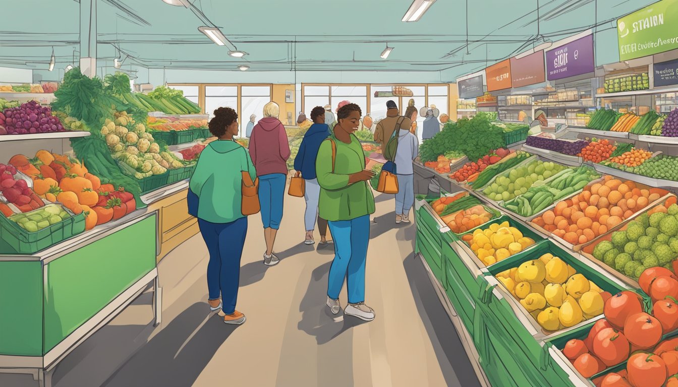 Customers browsing fresh produce at a bustling local food co-op in Wilmington, NC. Shelves stocked with colorful fruits and vegetables, while people chat and shop