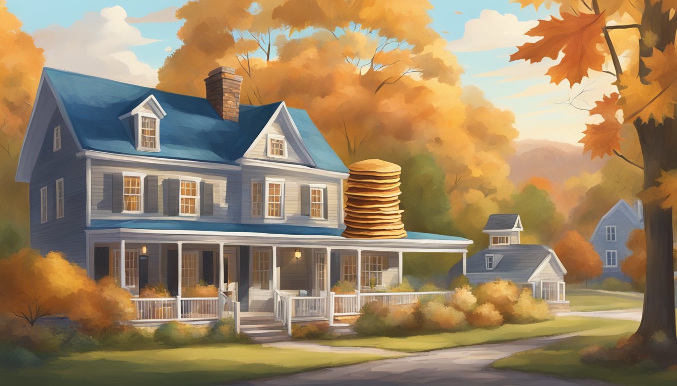 A towering stack of syrup-drenched pancakes surrounded by maple trees and a quaint New Hampshire village