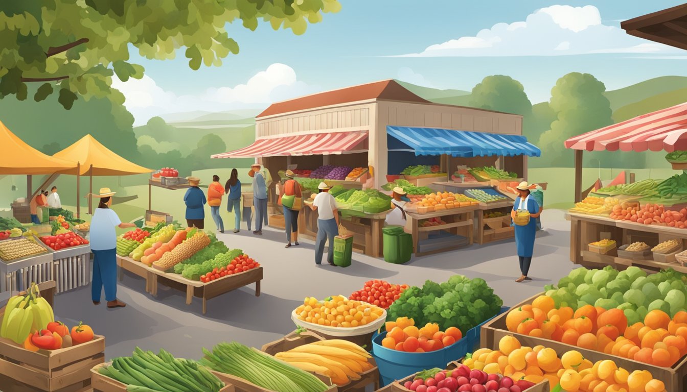 A bustling local farm scene with colorful produce, friendly vendors, and a variety of fresh foods on display