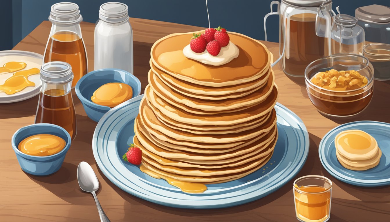 A table set with a towering stack of maple syrup-drenched pancakes, surrounded by jars of syrup and plates of toppings