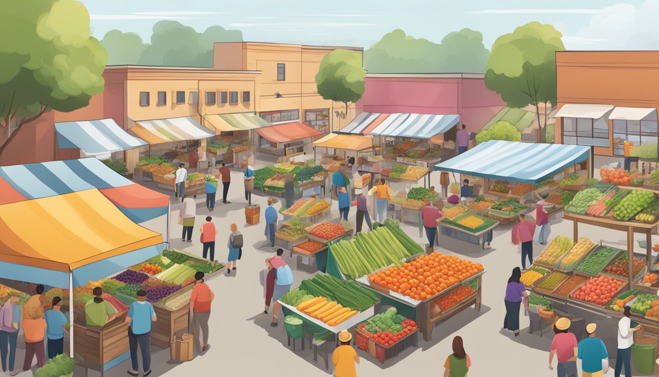 A bustling farmers market with colorful stalls selling fresh produce, homemade goods, and sustainable products in Pearland, TX