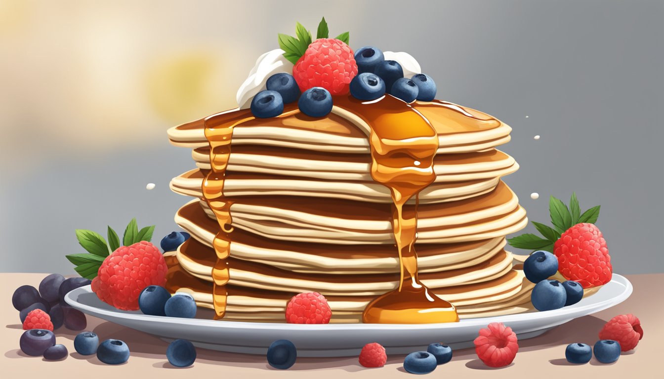 A towering stack of pancakes drizzled with maple syrup, surrounded by fresh berries and a dollop of whipped cream