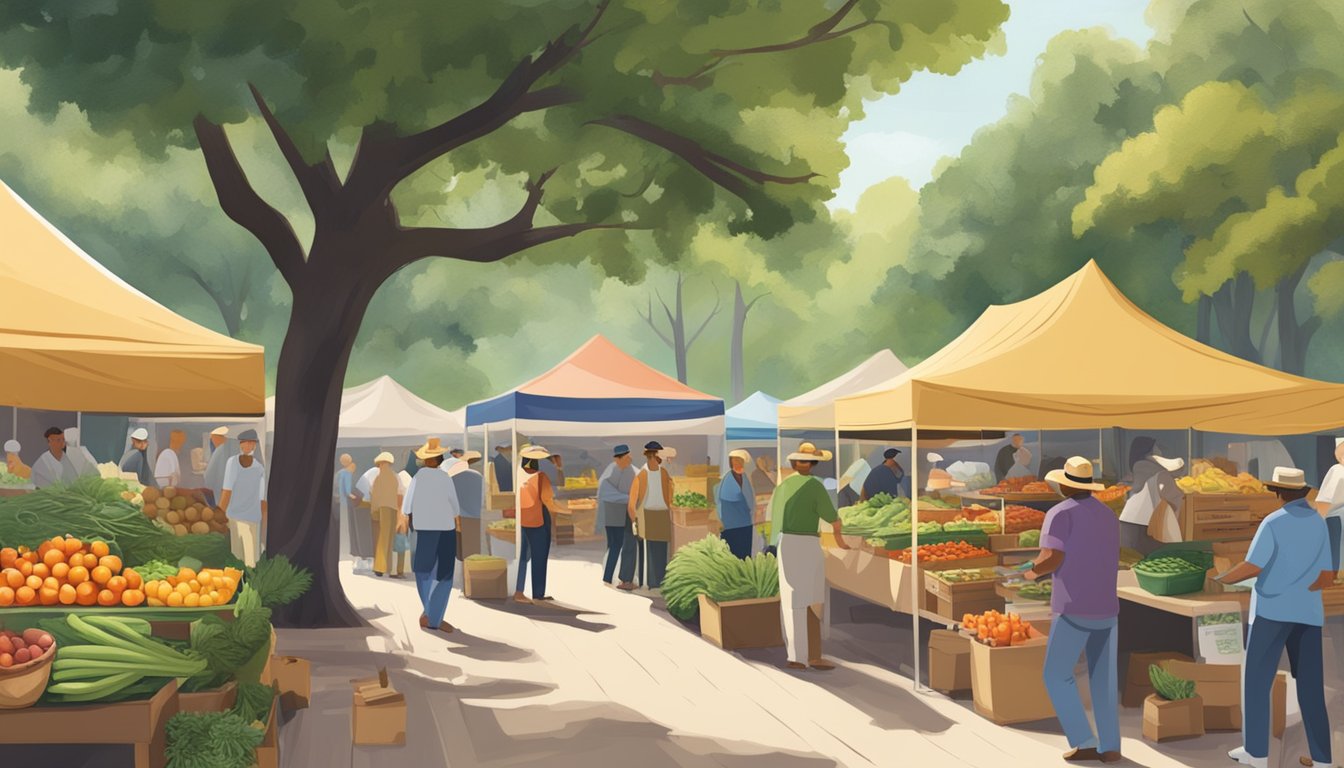 A bustling farmer's market with vendors selling fresh produce and homemade goods under a canopy of oak trees