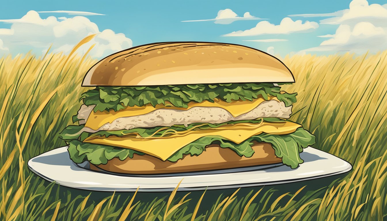 A steaming runza sandwich surrounded by Nebraska prairie grass and a blue sky