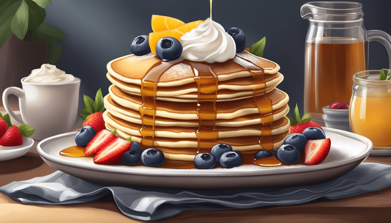 A towering stack of fluffy pancakes drenched in rich maple syrup, adorned with fresh fruit and a dollop of whipped cream