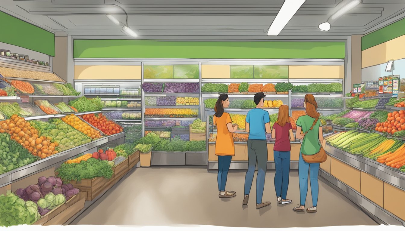 Customers browsing fresh produce at Pearland, TX local food co-op, with colorful displays and friendly staff