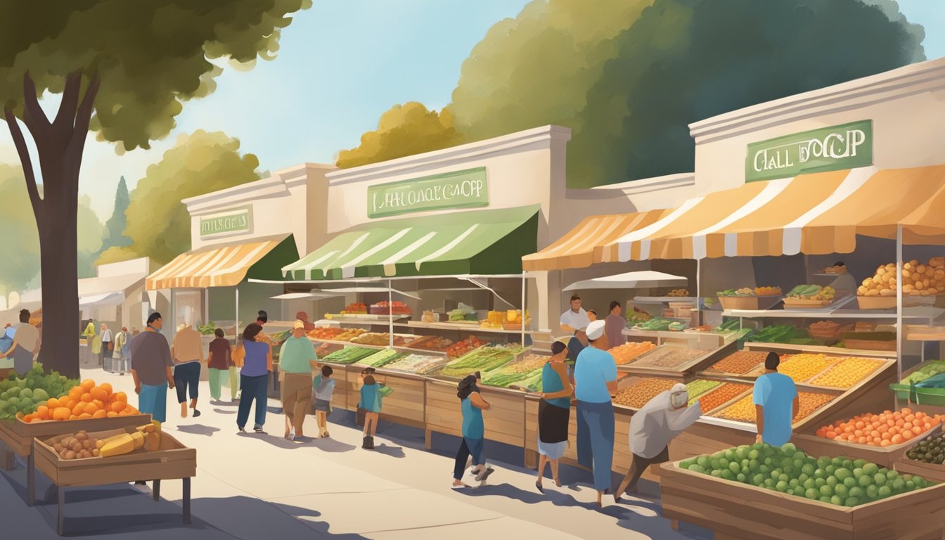 A bustling local food coop in Thousand Oaks, CA, with vendors selling fresh produce, dairy, and baked goods, surrounded by eager customers