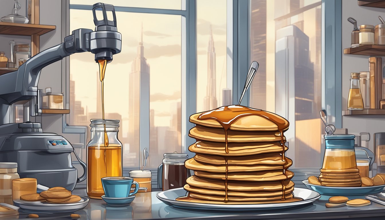 A towering stack of pancakes topped with dripping maple syrup, surrounded by various technological gadgets and equipment