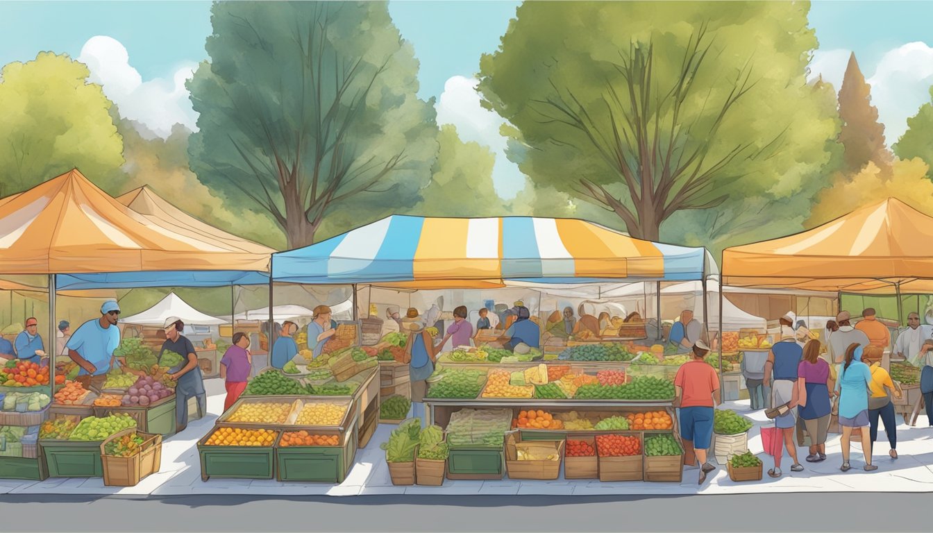 A bustling farmers market with local vendors selling fresh produce, baked goods, and artisanal products under a colorful canopy in Concord, CA