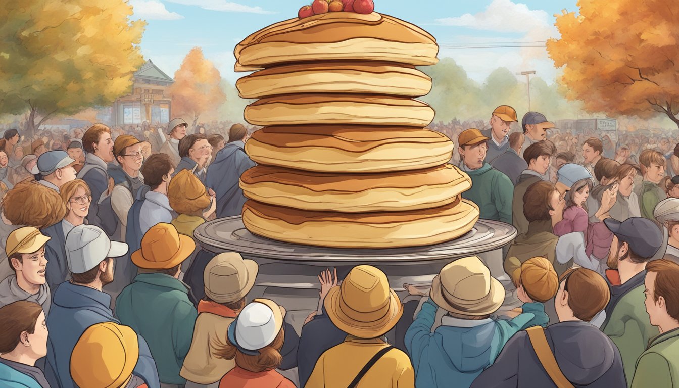 A towering stack of maple syrup-drenched pancakes, surrounded by eager onlookers and a buzzing atmosphere of excitement and anticipation