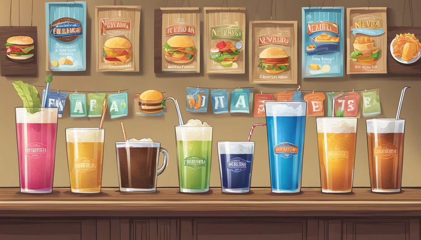 A variety of beverages displayed next to a sign for "Nevada All You Can Eat Buffet Challenge"