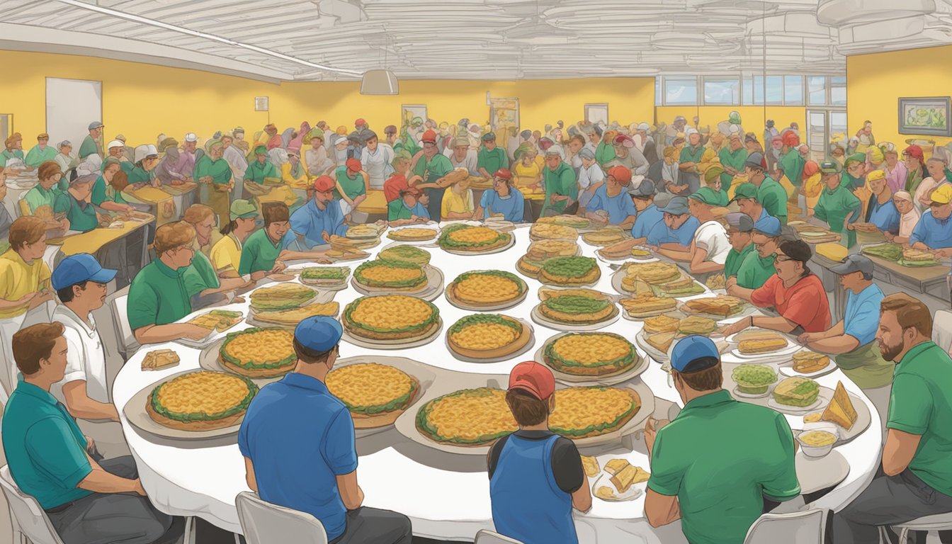 A table filled with various runza sandwich variations, surrounded by eager participants at the culinary challenge in Nebraska