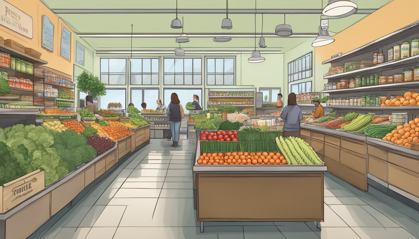 A bustling local food co-op with a variety of fresh produce, shelves stocked with pantry staples, and a welcoming support desk