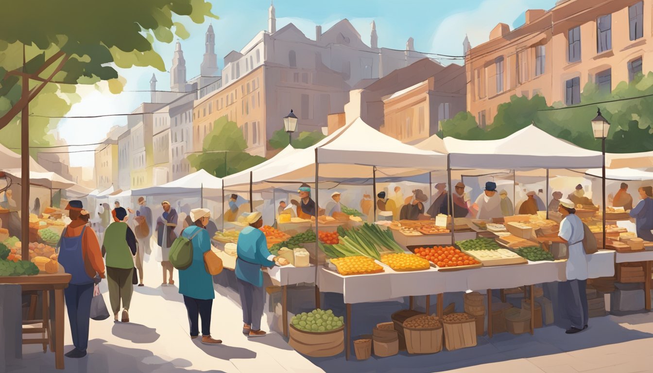 A bustling outdoor market with colorful stalls offering fresh produce, artisanal cheeses, and homemade baked goods. Local chefs sample ingredients and chat with vendors