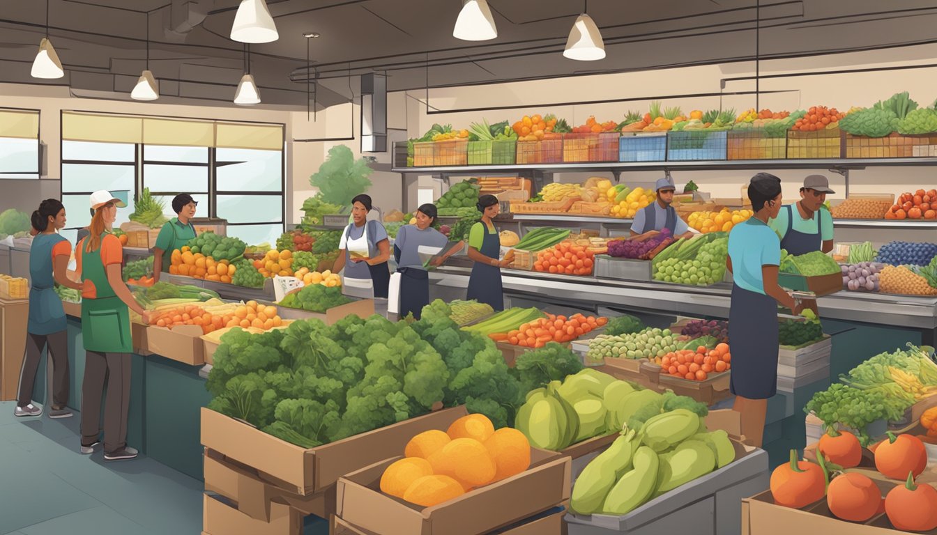 A bustling local food co-op with colorful produce, a variety of bulk goods, and friendly staff assisting customers