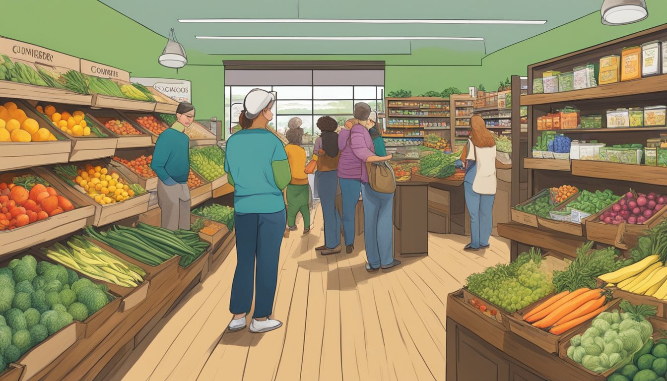 Customers browsing colorful produce at Concord's Co-Op local food co-op, with shelves stocked with organic goods and a friendly, bustling atmosphere