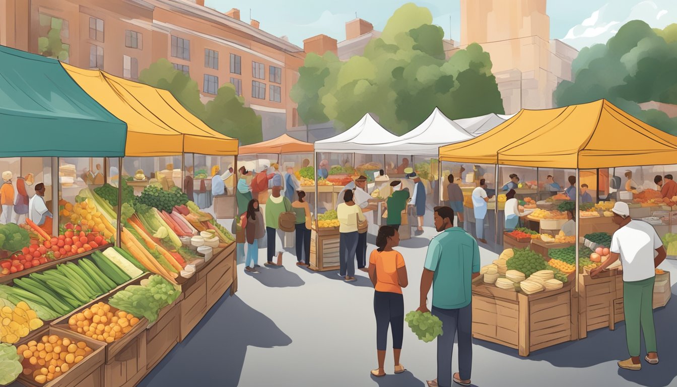 A bustling farmer's market with colorful produce, artisanal cheeses, and local honey on display, surrounded by eager customers and vendors