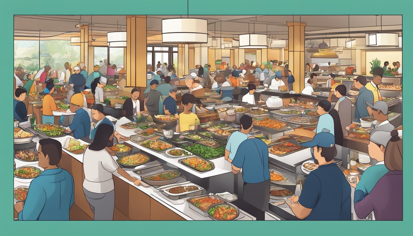 A bustling buffet restaurant with a variety of food stations, filled with people enjoying the all-you-can-eat challenge