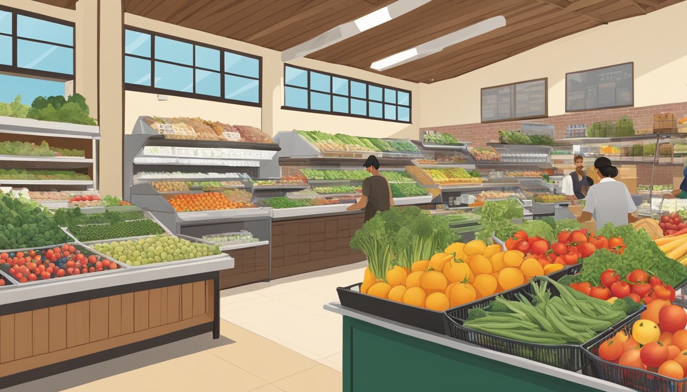 A bustling local food coop in Thousand Oaks, CA, with a variety of fresh produce and products from Community Supported Agriculture (CSA) displayed on tables and shelves