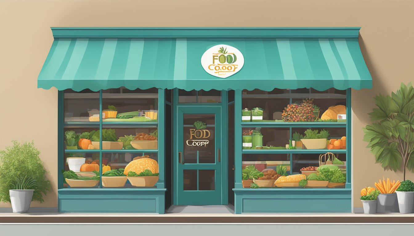 Local restaurants and a food co-op logo displayed on a storefront window in Thousand Oaks, CA