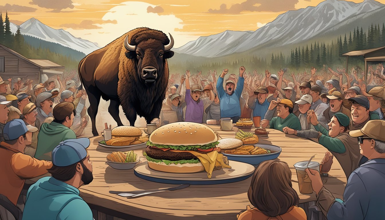 A massive bison burger surrounded by cheering spectators in a rustic Montana setting