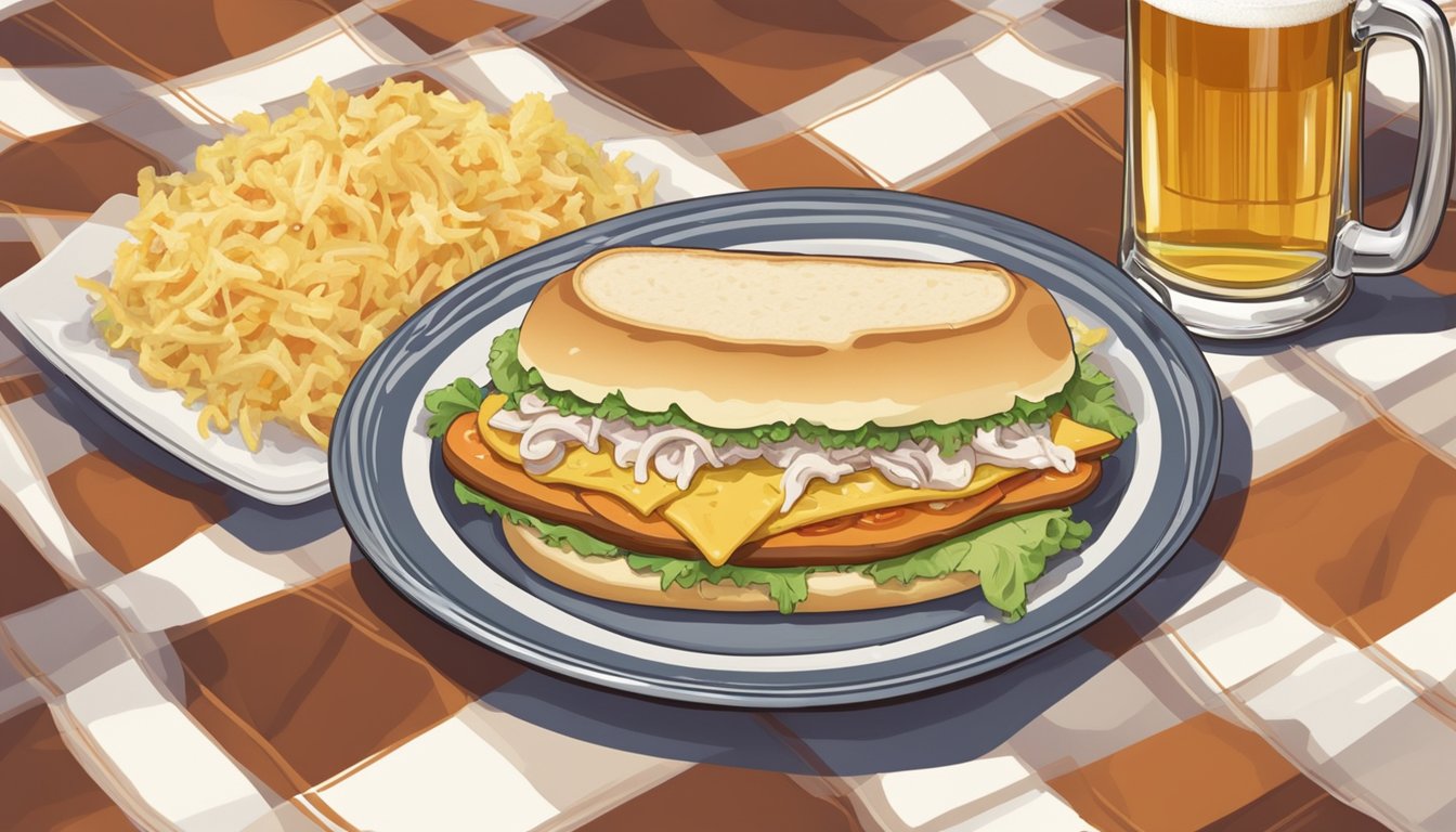 A steaming runza sandwich sits on a checkered tablecloth, surrounded by a bowl of creamy coleslaw and a glass of cold beer