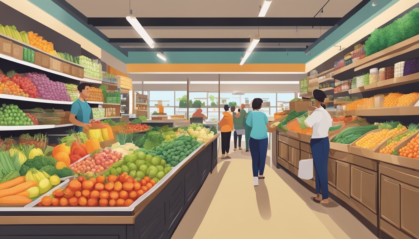 A bustling local food co-op with colorful produce, shelves stocked with artisanal goods, and friendly staff assisting customers