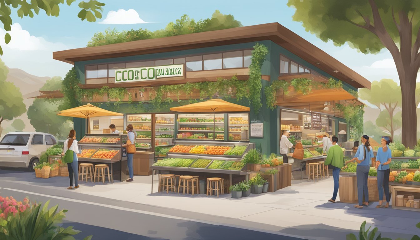 A bustling local food coop in Thousand Oaks, CA, with a diverse array of sustainably sourced produce and products, surrounded by lush greenery and eco-friendly signage