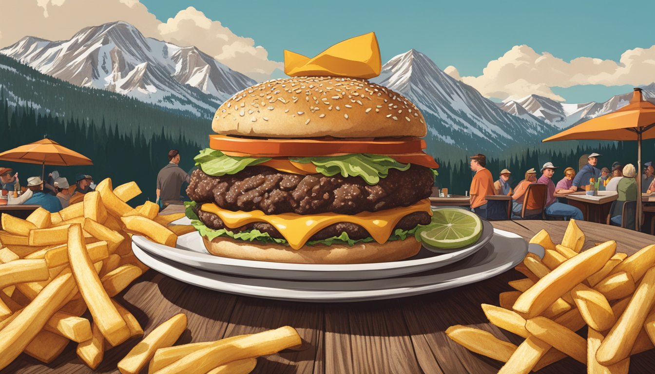 A massive bison burger sits atop a mountain of fries, surrounded by cheering spectators in a rustic Montana restaurant