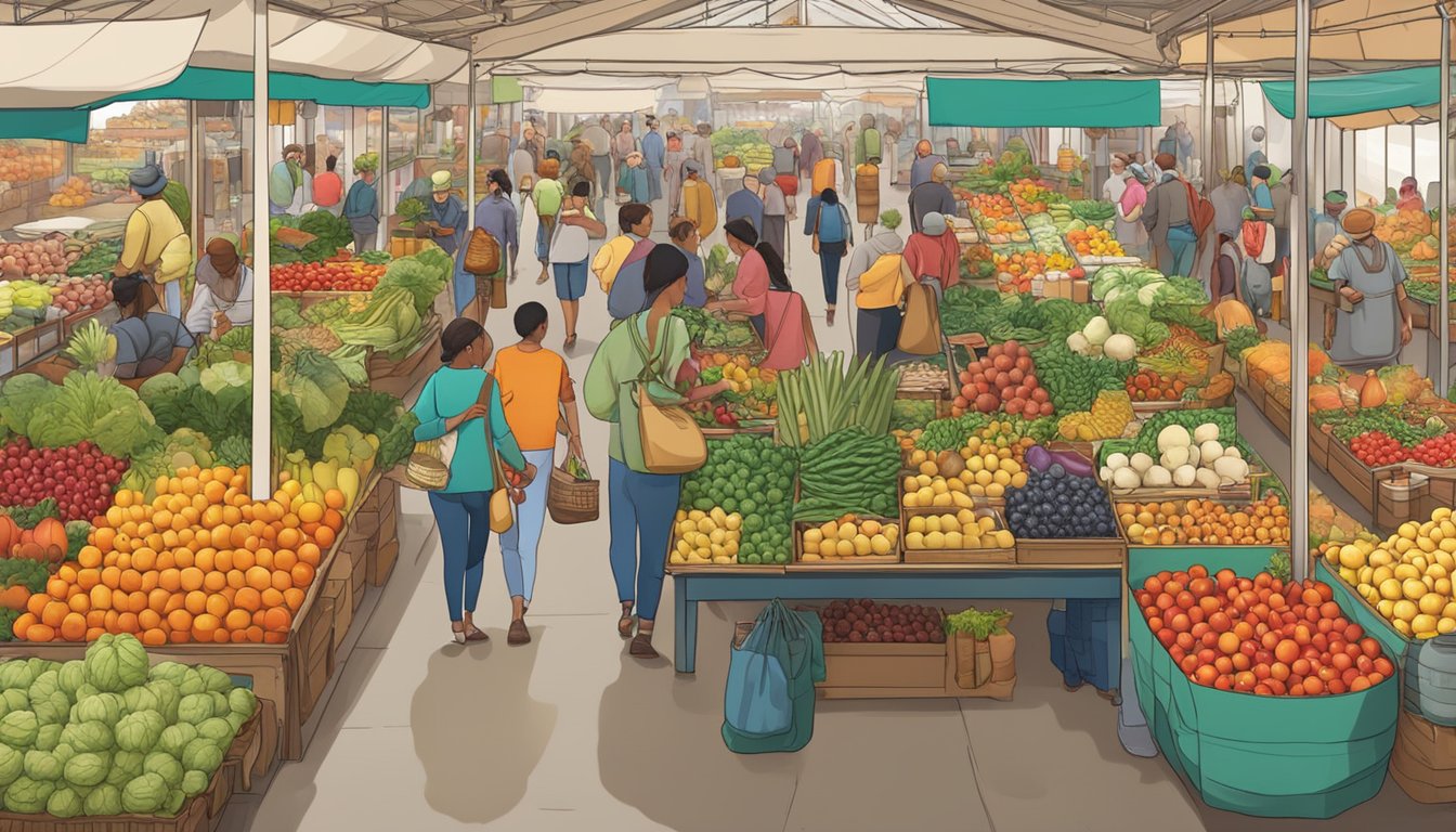 A bustling marketplace filled with colorful displays of fruits, vegetables, and artisanal products from local farmers and producers