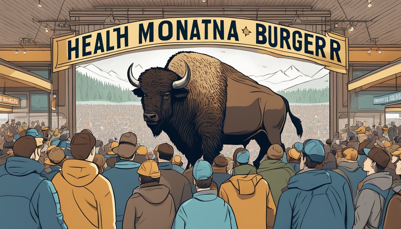 A large bison burger surrounded by a crowd, with a banner reading "Health and Quality Montana Bison Burger Challenge" hanging above